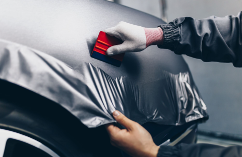 Bil får en matt grå vinylfilm